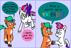 Size: 1316x900 | Tagged: safe, artist:msponies, imported from derpibooru, hitch trailblazer, zipp storm, earth pony, pegasus, pony, 2 panel comic, comic, dialogue, duo, duo male and female, female, folded wings, friendshipping, g5, heart, hoofbump, looking at each other, looking at someone, looking down, looking up, male, mare, mlm, ms paint, open mouth, open smile, smiling, speech bubble, spread wings, stallion, tail, unshorn fetlocks, wings, wlw