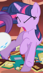 Size: 561x961 | Tagged: safe, imported from derpibooru, screencap, rarity, twilight sparkle, pony, unicorn, season 1, sonic rainboom (episode), book, bookshelf, butt, butt bump, butt smash, context is for the weak, cropped, eyes closed, female, mare, now go on, offscreen character, open mouth, out of context, plot, pushing, rump push, solo focus, unicorn twilight