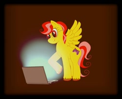 Size: 960x780 | Tagged: safe, anonymous artist, imported from derpibooru, oc, oc only, oc:quick tap, pegasus, pony, brown background, computer, female, laptop computer, mare, simple background, wings