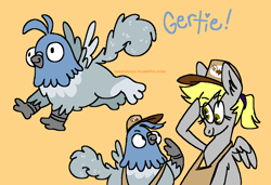 Size: 1316x900 | Tagged: safe, artist:msponies, imported from derpibooru, derpy hooves, oc, oc:gertie, bird, griffon, pegasus, pigeon, pony, alternate hairstyle, beak, carrier pigeon, duo, duo female, female, g4, hat, heart, mare, ms paint, ponytail, raised hoof, salute, simple background, smiling, spread wings, tai, wings