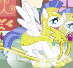 Size: 359x335 | Tagged: safe, imported from derpibooru, screencap, pegasus, pony, friendship is magic, armor, background character, background pony, carriage, cropped, duo, male, pegasus royal guard, royal guard, royal guard armor, solo focus, spread wings, stallion, wings