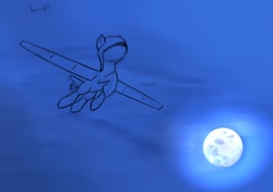 Size: 1422x1000 | Tagged: artist needed, safe, imported from derpibooru, oc, oc only, oc:droner, original species, plane pony, pony, dark background, digital art, flying, moon, night, plane, raised hoof, sketch, sky background, solo, spread wings, wings, wip