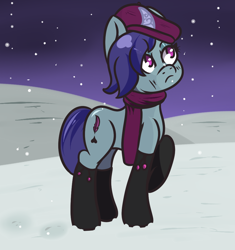 Size: 940x1000 | Tagged: safe, artist:lazerblues, imported from derpibooru, pony, unicorn, background pony, clothes, female, g5, hat, mare, my little pony: a new generation, neet, onyx, scarf, snow, socks, solo