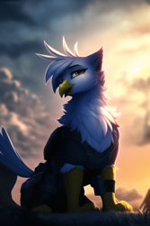 Size: 768x1152 | Tagged: safe, imported from derpibooru, oc, oc:cloudcrest, griffon, fallout equestria, ai content, ai generated, amber eyes, armor, beak, beak scar, bird tail, cat ears, clothes, cloud, detailed background, eye scar, eyebrows, eyelashes, facial scar, feather, female, fluffy, generator:novelai, generator:stable diffusion, grass, grass field, griffon oc, holster, pouch, rock, scar, sitting, solo, sunlight, tail, talon merc, talons, vest, wings