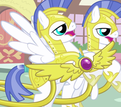 Size: 1219x1080 | Tagged: safe, imported from derpibooru, screencap, pegasus, pony, friendship is magic, armor, background character, background pony, cropped, duo, male, open mouth, pegasus royal guard, rearing, royal guard, royal guard armor, solo focus, spread wings, stallion, wings