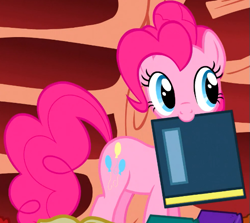 Size: 565x505 | Tagged: safe, imported from derpibooru, screencap, pinkie pie, earth pony, pony, season 1, sonic rainboom (episode), cropped, cute, diapinkes, female, golden oaks library, mare, mouth hold, solo