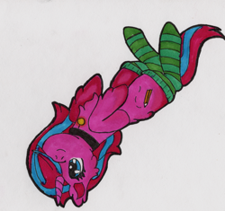 Size: 3284x3092 | Tagged: safe, artist:backgroundpony#f352, imported from derpibooru, oc, oc only, pony, unicorn, clothes, cute, eyes open, female, hair over one eye, horn, jewelry, mare, necklace, socks, solo, traditional art, upside down