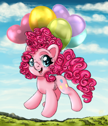 Size: 1800x2100 | Tagged: safe, artist:aalwa, imported from derpibooru, pinkie pie, earth pony, pony, balloon, cloud, flying, open mouth, sky