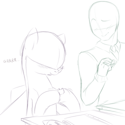 Size: 900x900 | Tagged: artist needed, safe, imported from derpibooru, oc, oc only, oc:anon, oc:droner, human, original species, plane pony, blushing, clothes, confused, desk, duo, eraser, grrr, looking at someone, outlines only, plane, playing, simple background, suit, white background