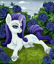 Size: 2100x2500 | Tagged: safe, artist:aalwa, imported from derpibooru, rarity, pony, unicorn, curved horn, flower, garden, horn, leg fluff, lying down, rose