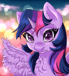 Size: 1900x2100 | Tagged: safe, artist:aalwa, imported from derpibooru, twilight sparkle, alicorn, pony, abstract background, blurry background, chest fluff, looking at you, simple background, solo, twilight sparkle (alicorn)