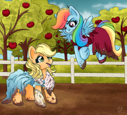 Size: 2100x1900 | Tagged: safe, artist:aalwa, imported from derpibooru, part of a set, applejack, rainbow dash, earth pony, pegasus, pony, alternate hairstyle, apple, dirty, fence, flying, food, mud, tree