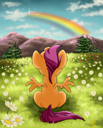 Size: 1700x2100 | Tagged: safe, artist:aalwa, imported from derpibooru, scootaloo, pegasus, pony, cloud, female, filly, flower, foal, looking at someone, looking up, mountain, pine tree, rainbow, sitting, sky, tree