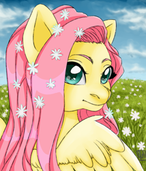 Size: 1800x2100 | Tagged: safe, artist:aalwa, imported from derpibooru, fluttershy, pegasus, pony, cloud, flower, flower in hair, looking at you, looking back, sky