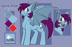 Size: 1510x983 | Tagged: safe, artist:poprocks, imported from derpibooru, oc, oc:quick draw, undead, vampire, vampony, bat ears, bat wings, bust, chest fluff, color palette, cutie mark, facial hair, fangs, full body, goatee, mountain, red eyes, reference sheet, solo, text, tongue out, wings