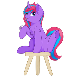 Size: 3000x3000 | Tagged: safe, artist:backgroundpony#f352, imported from derpibooru, oc, oc only, pony, unicorn, eyes open, female, hair over one eye, horn, silly, simple background, sitting, stool, tongue out, transparent background