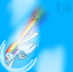 Size: 600x596 | Tagged: safe, artist:chandelurres, imported from derpibooru, rainbow dash, pony, female, flying, mare, sky, solo, spread wings, wings