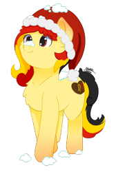 Size: 1444x2148 | Tagged: safe, artist:backgroundpony#f352, imported from derpibooru, oc, oc only, oc:chocolate sweets, earth pony, pony, christmas, commission, cute, earth pony oc, eyes open, female, hat, holiday, mare, santa hat, simple background, snow, solo, transparent background