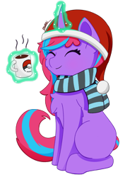 Size: 1570x2220 | Tagged: safe, artist:backgroundpony#f352, derpibooru exclusive, imported from derpibooru, oc, oc only, chocolate, christmas, clothes, cute, eyes closed, female, food, hat, holiday, hot chocolate, magic, mare, mug, santa hat, scarf, simple background, sitting, solo, transparent background