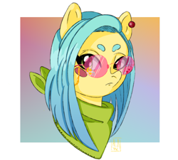 Size: 2000x1800 | Tagged: safe, artist:aalwa, imported from derpibooru, oc, oc only, oc:nana, earth pony, pony, abstract background, ear piercing, earring, glasses, gradient background, jewelry, piercing, simple background