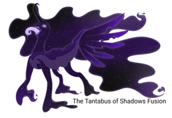 Size: 1280x873 | Tagged: safe, artist:scarletextreme, imported from derpibooru, pony of shadows, tantabus, oc, oc only, curved horn, ethereal mane, ethereal tail, fusion, horn, horror, solo, spread wings, tail, tongue out, wings