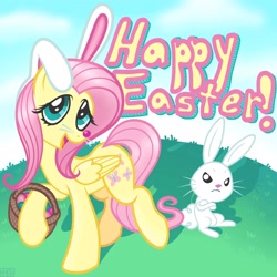 Size: 2100x2100 | Tagged: safe, artist:goreharvest, imported from derpibooru, angel bunny, fluttershy, pegasus, pony, rabbit, angry, animal, basket, bunny ears, crossed arms, cute, duo, easter, easter basket, fake nose, female, happy easter, holiday, looking at you, male, mare, open mouth, open smile, shyabetes, smiling, smiling at you, whiskers