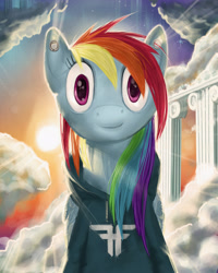 Size: 2000x2500 | Tagged: safe, artist:quiet-victories, imported from derpibooru, rainbow dash, pegasus, pony, clothes, ear piercing, female, hoodie, looking at you, mare, piercing, sky, solo