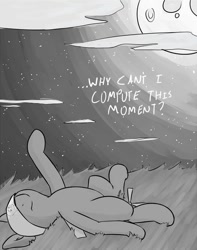 Size: 539x683 | Tagged: safe, imported from derpibooru, oc, oc only, oc:droner, original species, plane pony, cloud, cloudy, depressed, drone, feels, feels bad man, grass, grayscale, looking up, lying down, monochrome, moon, on back, plane, stargazing, starry night, stars