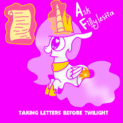 Size: 793x791 | Tagged: safe, artist:chandelurres, imported from derpibooru, princess celestia, alicorn, pony, female, filly, foal, letter, magic, simple background, solo