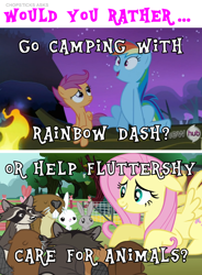 Size: 1006x1368 | Tagged: safe, edit, edited screencap, imported from derpibooru, screencap, angel bunny, fluttershy, rainbow dash, scootaloo, beaver, pegasus, pony, raccoon, magic duel, sleepless in ponyville, campfire, camping, female, filly, foal, log, male, mare, sitting, text, would you rather