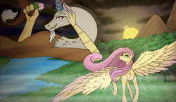 Size: 3300x1932 | Tagged: safe, artist:scarletextreme, imported from derpibooru, discord, fluttershy, draconequus, pegasus, pony, blushing, duo, duo male and female, female, flower, grin, hand on head, high res, lying down, male, mare, mountain, mountain range, on back, river, smiling, spread wings, sunset, water, wing fluff, wings
