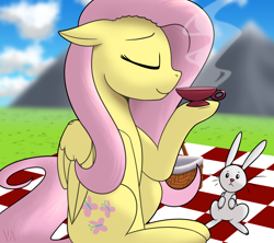 Size: 2700x2400 | Tagged: safe, artist:valthonis, imported from derpibooru, angel bunny, fluttershy, blurry background, cup