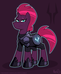 Size: 1741x2094 | Tagged: safe, artist:the-irken-moonwalker, imported from derpibooru, tempest shadow, pony, unicorn, armor, broken horn, eye scar, female, frown, hoof shoes, horn, looking at you, mare, purple background, scar, simple background, solo, storm king's emblem