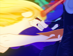 Size: 2605x2000 | Tagged: safe, artist:scarletextreme, imported from derpibooru, daybreaker, nightmare moon, alicorn, pony, duo, ethereal mane, female, fiery mane, fight, glowing, glowing horn, horn, looking at each other, looking at someone, mare, punch, sharp teeth, stare, teeth