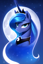 Size: 2048x3072 | Tagged: safe, editor:montaraz13, imported from derpibooru, prompter:montaraz13, princess luna, alicorn, pony, ai content, ai generated, blue background, blue eyes, bust, ethereal mane, female, full moon, generator:novelai, generator:stable diffusion, jewelry, lidded eyes, looking at you, moon, portrait, princess of the night, regalia, simple background, smiling, smiling at you, solo