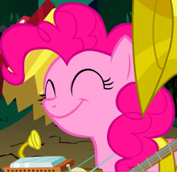 Size: 731x708 | Tagged: safe, imported from derpibooru, screencap, pinkie pie, earth pony, pony, season 1, swarm of the century, accordion, banjo, cropped, cute, diapinkes, eyes closed, female, harmonica, mare, musical instrument, one-pony band, smiling, solo, sousaphone, tuba