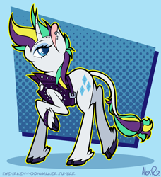 Size: 2164x2368 | Tagged: safe, artist:the-irken-moonwalker, imported from derpibooru, rarity, unicorn, alternate hairstyle, bracelet, clothes, jacket, jewelry, leather, leather jacket, leonine tail, mohawk, piercing, punk, raripunk, simple background, studs, tail