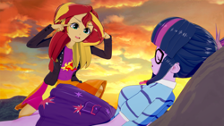 Size: 1920x1080 | Tagged: safe, artist:phoenixflambe, imported from derpibooru, sci-twi, sunset shimmer, twilight sparkle, human, equestria girls, 3d, breasts, invincible, koikatsu, meme, think mark