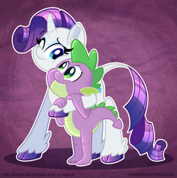 Size: 2135x2154 | Tagged: safe, artist:the-irken-moonwalker, imported from derpibooru, rarity, spike, classical unicorn, dragon, pony, unicorn, awww, baby, baby dragon, blue eyes, cloven hooves, colored hooves, cute, daaaaaaaaaaaw, ear fluff, fangs, female, green eyes, hoof around neck, hug, leg fluff, leonine tail, looking at each other, male, mare, one eye closed, purple background, raribetes, scales, shipping, signature, simple background, smiling, sparity, spikabetes, squishy, squishy cheeks, straight, tail, unshorn fetlocks