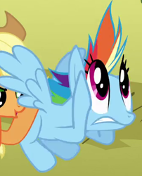 Size: 339x420 | Tagged: safe, imported from derpibooru, screencap, applejack, rainbow dash, pony, fall weather friends, season 1, cropped, duo, female, great moments in animation, mare, offscreen character, smear frame, solo focus