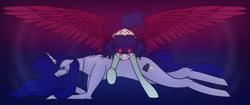 Size: 3206x1351 | Tagged: safe, artist:scarletextreme, imported from derpibooru, oc, oc only, oc:scarlet reign, oc:thunderstorm, pegasus, pony, unicorn, duo, female, fluffy, glowing, glowing eyes, growling, looking at you, lying down, mare, prone, protecting, raised hoof, spread wings, wings
