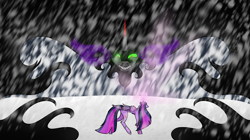 Size: 3206x1800 | Tagged: safe, artist:scarletextreme, imported from derpibooru, king sombra, twilight sparkle, alicorn, pony, umbrum, duo, female, fight, glowing, glowing eyes, male, mare, shadow, snow, snowfall, stallion, twilight sparkle (alicorn)