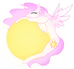 Size: 1797x1673 | Tagged: safe, artist:scarletextreme, imported from derpibooru, princess celestia, alicorn, pony, chest fluff, eyes closed, female, hug, mare, pink mane, pink-mane celestia, solo, spread wings, sun, wings