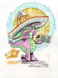 Size: 2668x3568 | Tagged: safe, artist:sararichard, imported from derpibooru, spike, dragon, beans, burrito, commission, embarrassed, embarrassed grin, fart, fire fart, food, sombrero
