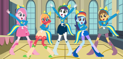 Size: 1600x772 | Tagged: safe, artist:mlp-her, imported from derpibooru, oc, oc only, dracony, human, hybrid, equestria girls, arms in the air, auditorium, base used, big smile, boots, canterlot high, clothes, crossed arms, fake tail, female, hand on hip, interspecies offspring, looking at you, offspring, open mouth, open smile, parent:applejack, parent:big macintosh, parent:caramel, parent:fluttershy, parent:pinkie pie, parent:pokey pierce, parent:rainbow dash, parent:rarity, parent:soarin', parent:spike, parents:carajack, parents:fluttermac, parents:pokeypie, parents:soarindash, parents:sparity, pony ears, pose, shoes, skirt, smiling, smiling at you, sweater, wondercolts, wondercolts uniform