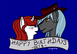 Size: 1192x828 | Tagged: safe, artist:wing, derpibooru exclusive, imported from derpibooru, oc, oc only, oc:autumn tea, oc:trigger, pony, unicorn, birthday gift art, bust, couple, duo, eyes closed, female, gift art, hat, imminent kissing, looking at someone, male, mare, portrait, shipping, side view, stallion, text