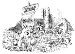 Size: 3396x2472 | Tagged: safe, artist:mcstalins, imported from derpibooru, apple bloom, scootaloo, sweetie belle, earth pony, pegasus, pony, unicorn, cutie mark crusaders, female, filly, foal, monochrome