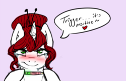 Size: 850x550 | Tagged: safe, artist:autumn-tea-pony, imported from derpibooru, oc, oc only, oc:autumn tea, unicorn, blushing, hair bun, holding, no source available, pregnancy test, pregnant, simple background, smiling, solo, text