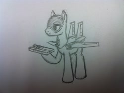 Size: 2592x1936 | Tagged: safe, imported from derpibooru, oc, oc only, unnamed oc, original species, plane pony, f-15 eagle, holding, jet, jet fighter, jet plane, looking sideways, looking to the left, male, pencil drawing, plane, present, raised hoof, ribbon, simple background, smiling, solo, stallion, standing, traditional art, white background