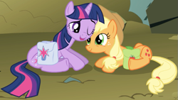 Size: 611x344 | Tagged: safe, imported from derpibooru, screencap, applejack, twilight sparkle, earth pony, pony, unicorn, dragonshy, season 1, bag, cropped, cute, duo, female, jackabetes, lying down, mare, nuzzling, one eye closed, prone, saddle bag, smiling, twiabetes, unicorn twilight